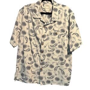 Vintage Saddlebred 100% Silk Men's Short Sleeve Button Up Paisley Cream Charcoal